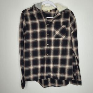 Daytrip flannel grunge button front fleece lined hood cabin cozy top size medium